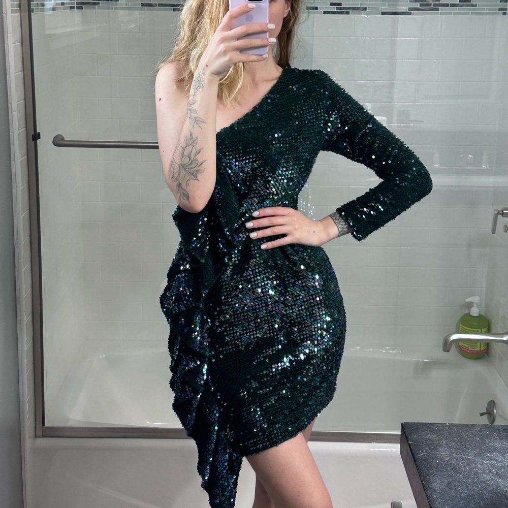 Lavish Alice Sequined one shoulder Dress with waterfall Trim